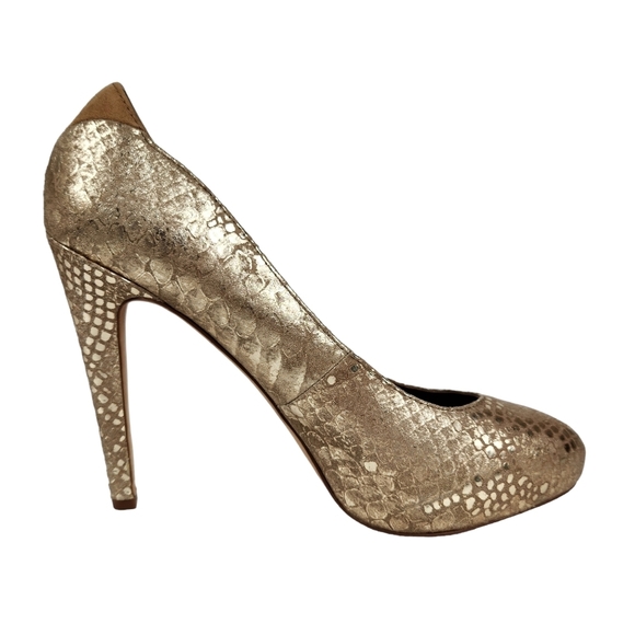 Sam Edelman Yasmine Metallic Gold Tan Snakeskin Platform Heels Women's Size 8.5 - Picture 4 of 11